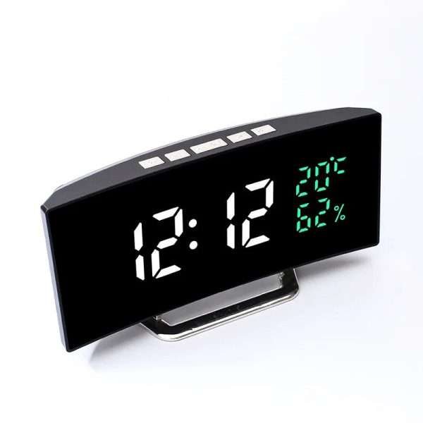 Curved Screen Digital Alarm Clock Temperature Date 2 Levels Brightness Adjustment Snooze Table Clock 12/24H Night Mode LED Clock