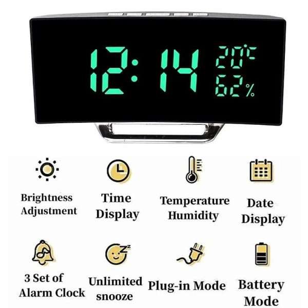 Curved Screen Digital Alarm Clock Temperature Date 2 Levels Brightness Adjustment Snooze Table Clock 12/24H Night Mode LED Clock - Image 9