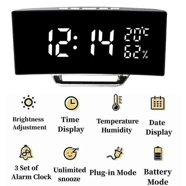 Curved Screen Digital Alarm Clock Temperature Date 2 Levels Brightness Adjustment Snooze Table Clock 12/24H Night Mode LED Clock - Image 7