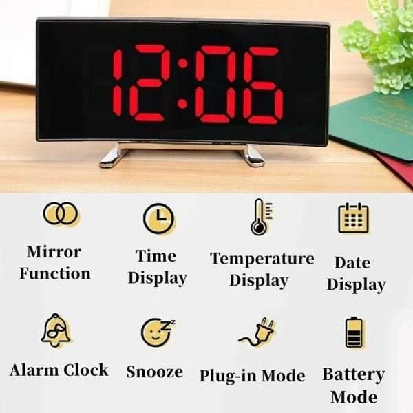 Curved Screen Digital Alarm Clock Temperature Date 2 Levels Brightness Adjustment Snooze Table Clock 12/24H Night Mode LED Clock - Image 10