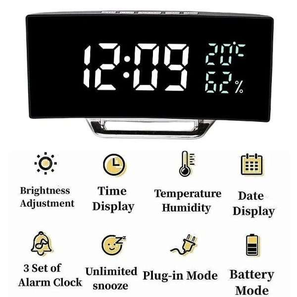 Curved Screen Digital Alarm Clock Temperature Date 2 Levels Brightness Adjustment Snooze Table Clock 12/24H Night Mode LED Clock - Image 8