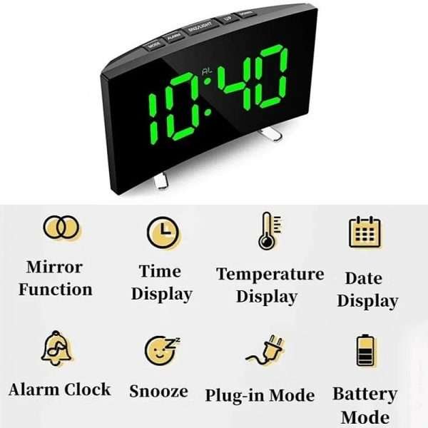 Curved Screen Digital Alarm Clock Temperature Date 2 Levels Brightness Adjustment Snooze Table Clock 12/24H Night Mode LED Clock - Image 12