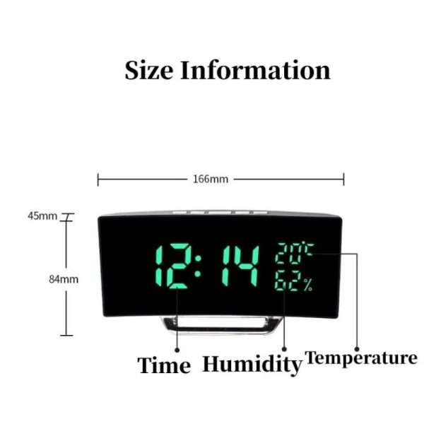 Curved Screen Digital Alarm Clock Temperature Date 2 Levels Brightness Adjustment Snooze Table Clock 12/24H Night Mode LED Clock - Image 6