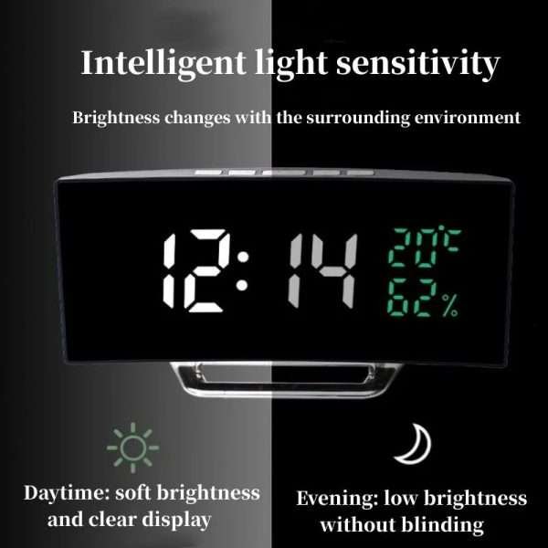 Curved Screen Digital Alarm Clock Temperature Date 2 Levels Brightness Adjustment Snooze Table Clock 12/24H Night Mode LED Clock - Image 4