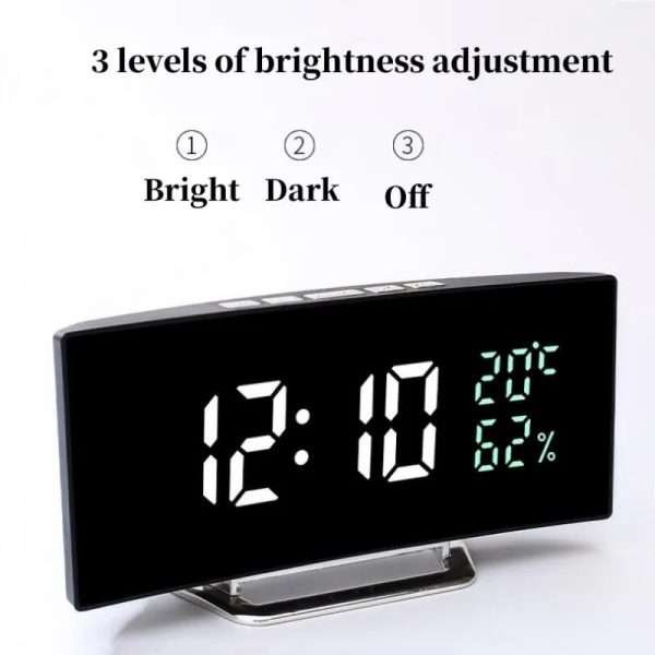 Curved Screen Digital Alarm Clock Temperature Date 2 Levels Brightness Adjustment Snooze Table Clock 12/24H Night Mode LED Clock - Image 3