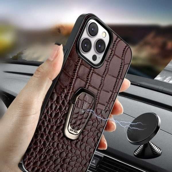 Genuine Leather Phone Case With Metal Ring Bracket For iPhone - Image 6