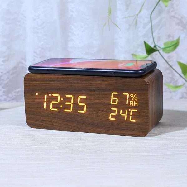 Intelligent wooden alarm clock with humidity wireless charging student specific digital LED creative wooden clock