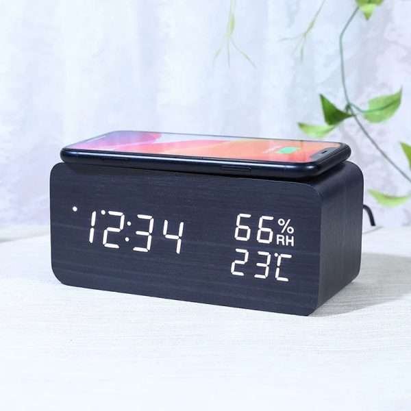 Intelligent wooden alarm clock with humidity wireless charging student specific digital LED creative wooden clock - Image 5