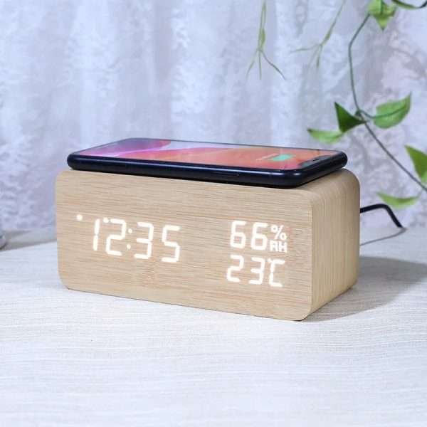 Intelligent wooden alarm clock with humidity wireless charging student specific digital LED creative wooden clock - Image 9