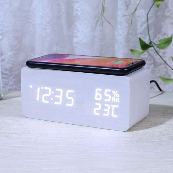 Intelligent wooden alarm clock with humidity wireless charging student specific digital LED creative wooden clock - Image 3